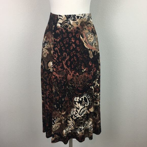 Chico's Travelers  Brown Animal Print Paisley Floral Slinky Knit Midi Skirt 2 - Picture 5 of 5